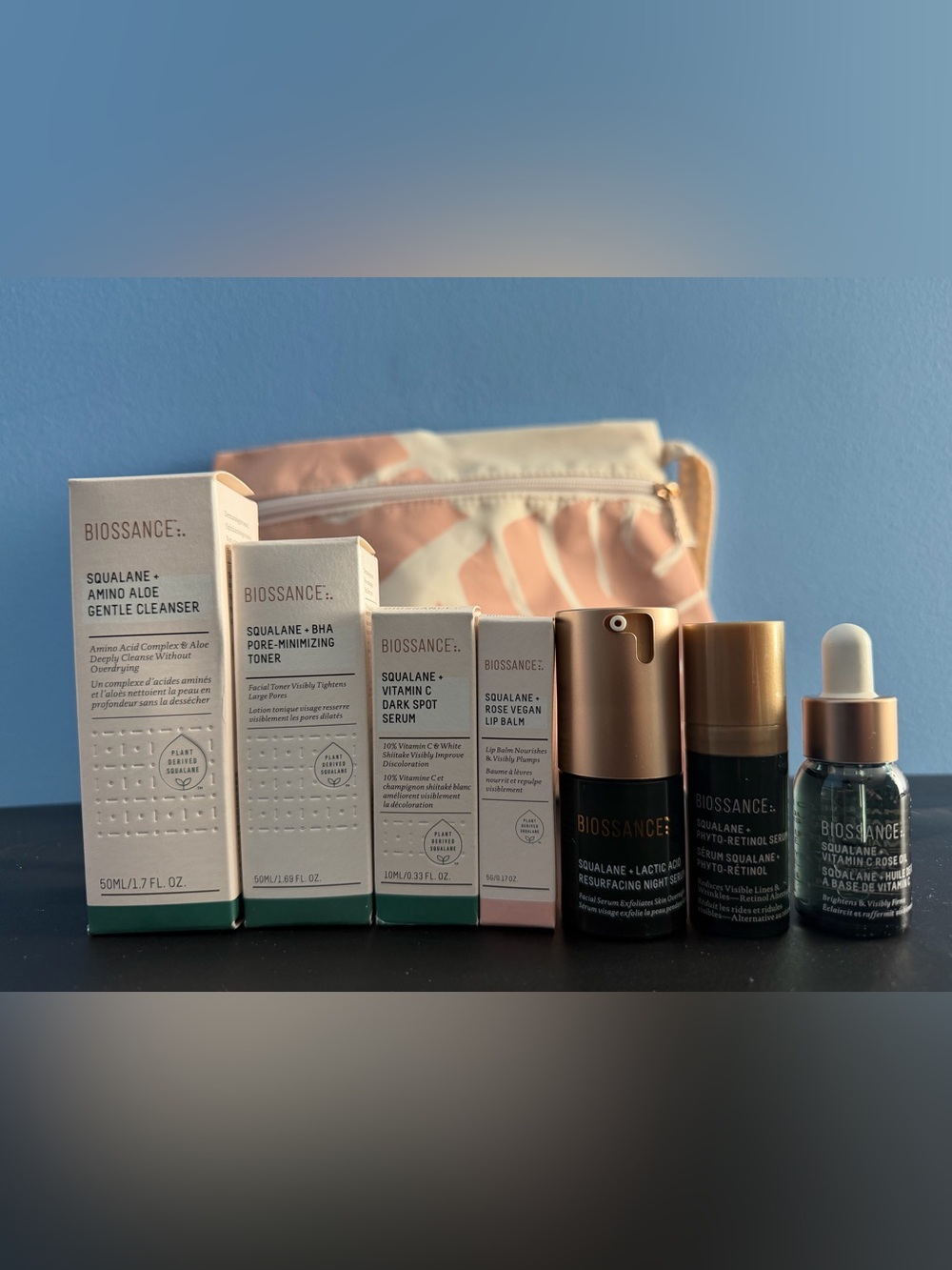 Biossance Squalane Skincare Travel Bundle w/ Mirror & Makeup Bag Lot Of 9
